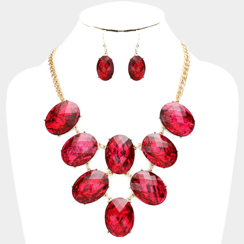 Bling Oval Stone Link Bib Necklace Set